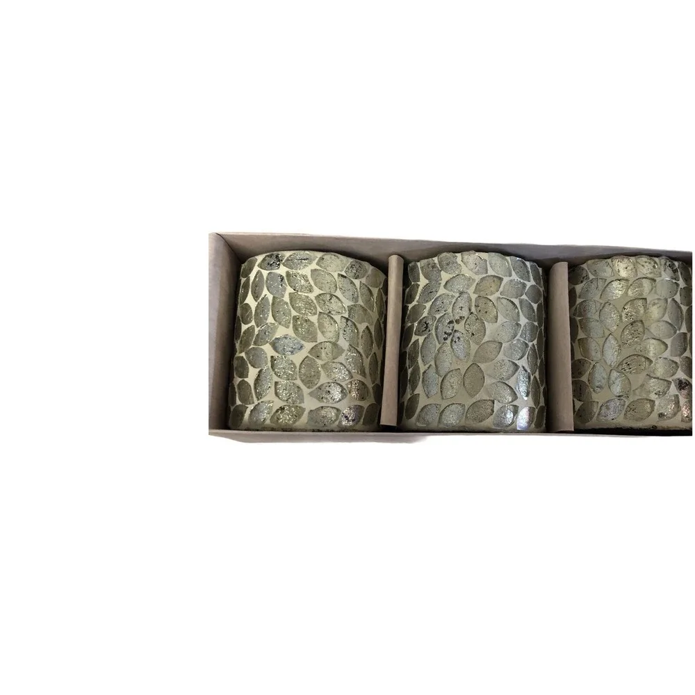 Votive Candle Holders Set 3 Silver Leaf Mosaic Glass Decor 3 1/2" X 3" - Picture 2 of 9